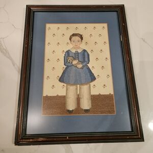 Vintage 30s Cross Stitch Completed Embroidered Completed Country Girl Primitive